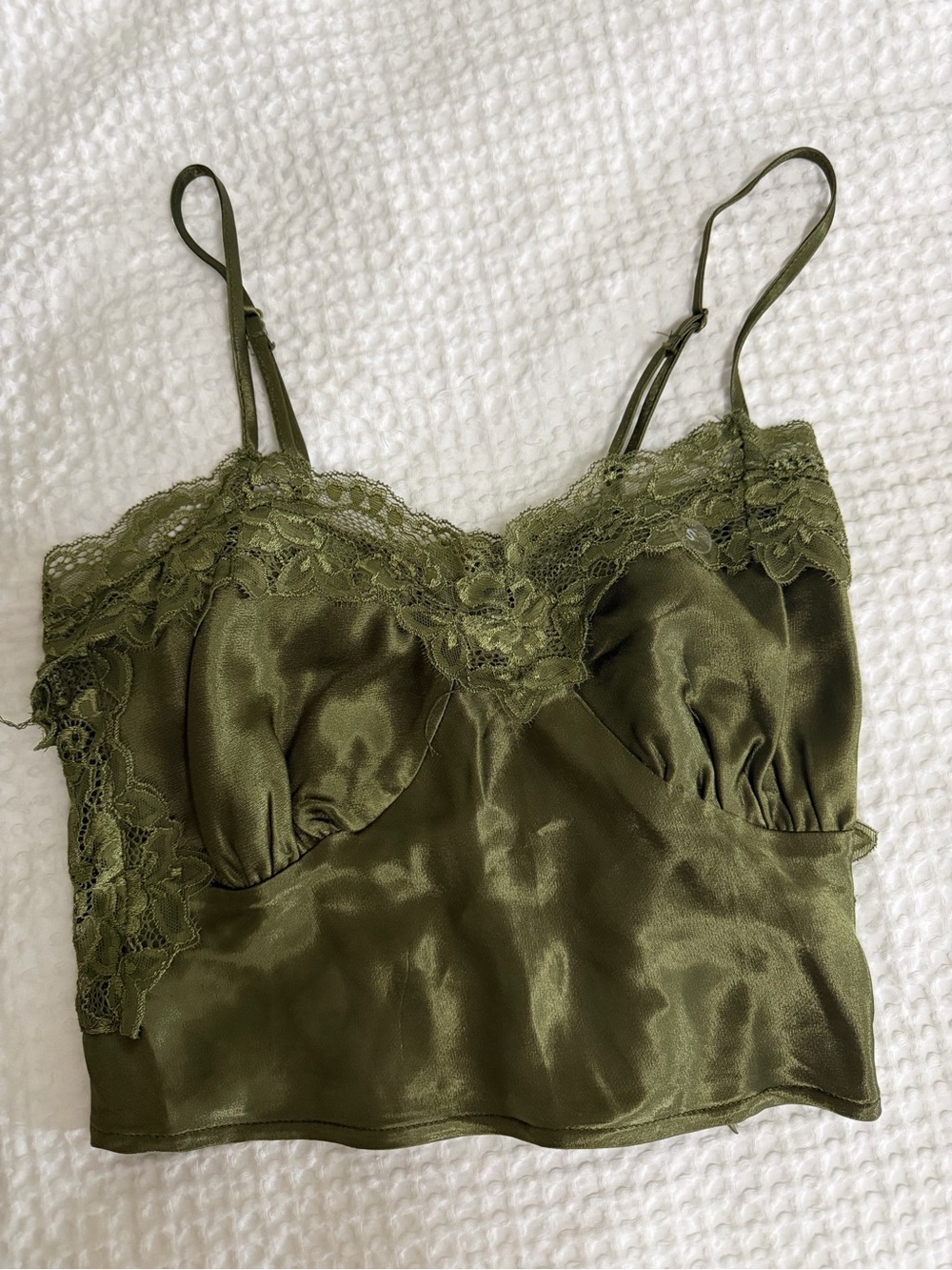Olive Green Satin Lace Trim Crop Top